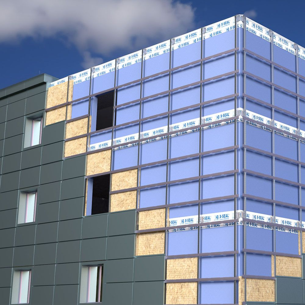 EZClad rainscreen sub-framing installed on a multi-story building facade